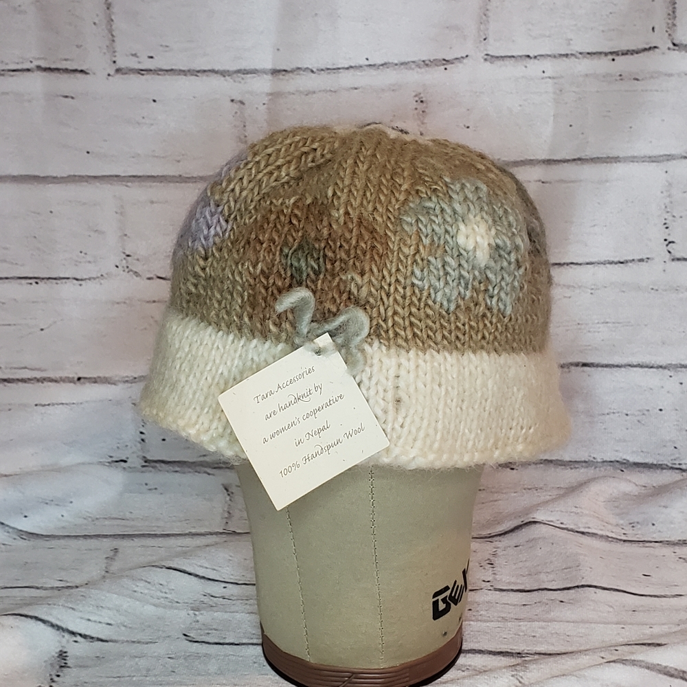 Handspun floral wool beanie